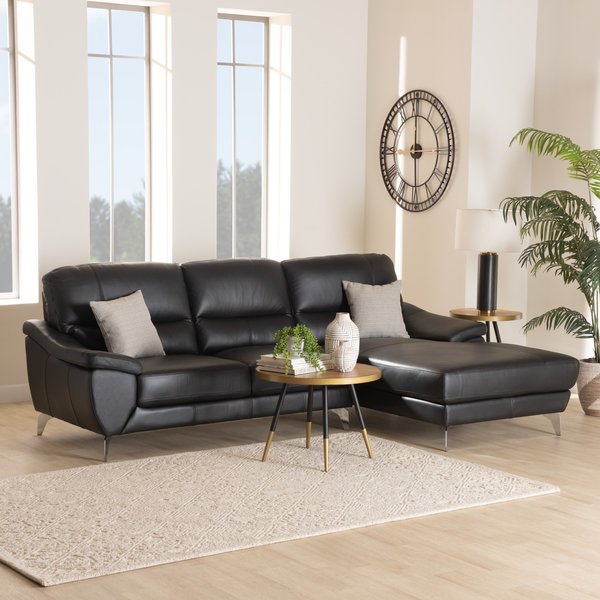 Townsend Modern Black Full Leather Sectional Sofa with Right Facing Chaise